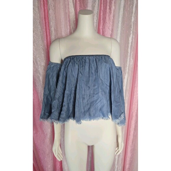 Elan Hippie Boho Off Shoulder Chambray Ruffle Top Size Small - Picture 1 of 10